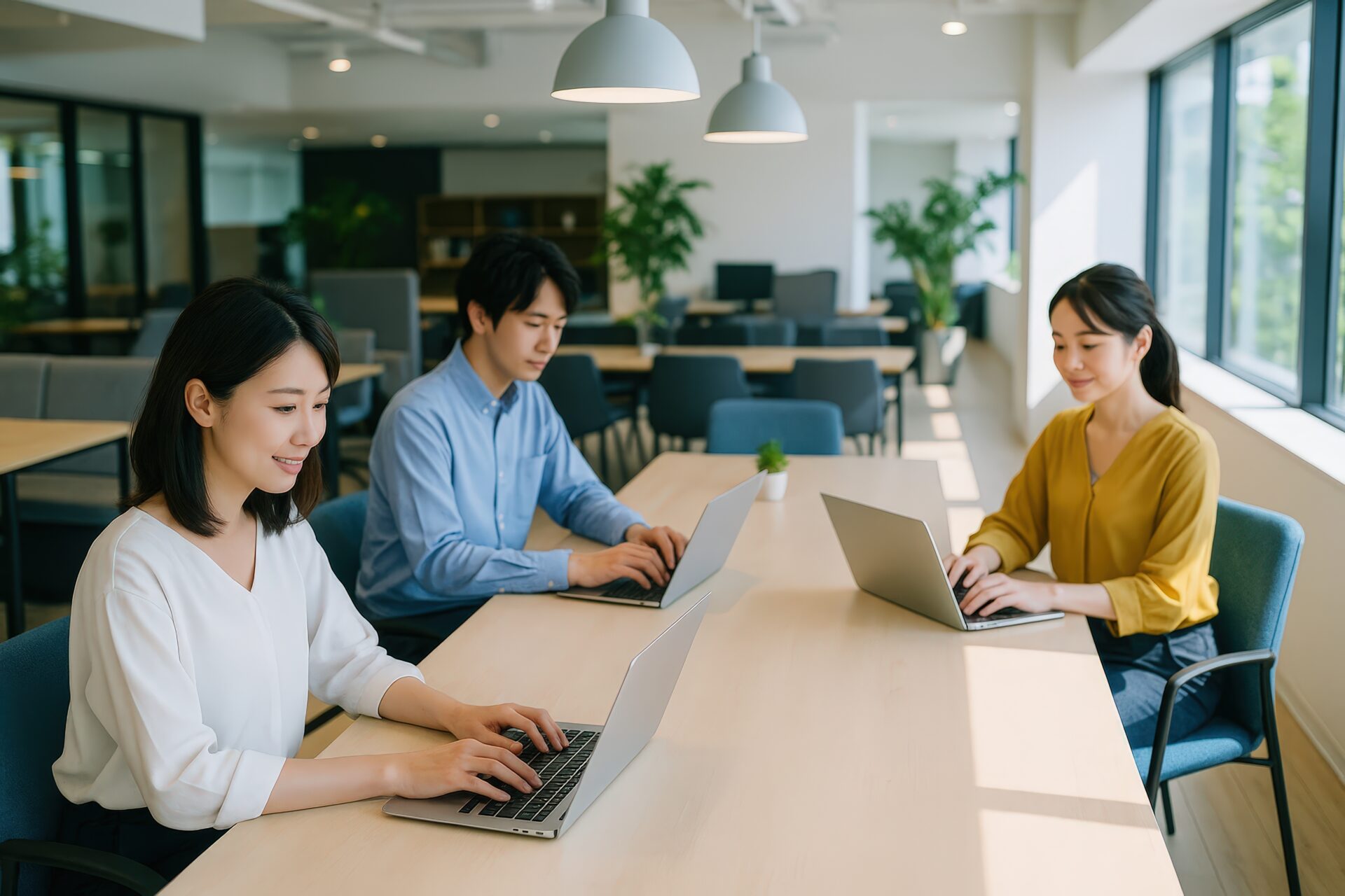 コワーキングスペースでノートパソコンを使う若い男女