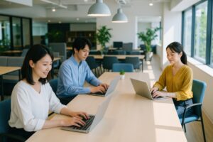 コワーキングスペースでノートパソコンを使う若い男女