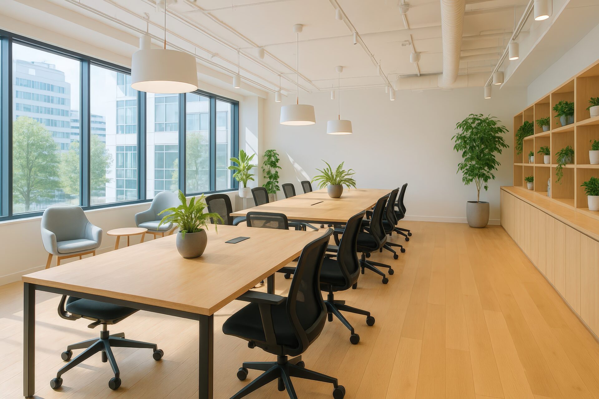 観葉植物と木製家具が並ぶ開放的なオフィス空間