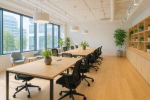 観葉植物と木製家具が並ぶ開放的なオフィス空間