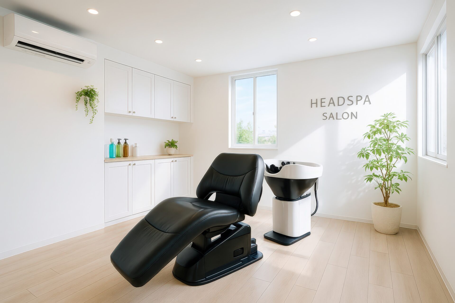 白を基調とした明るいヘッドスパサロンの内装