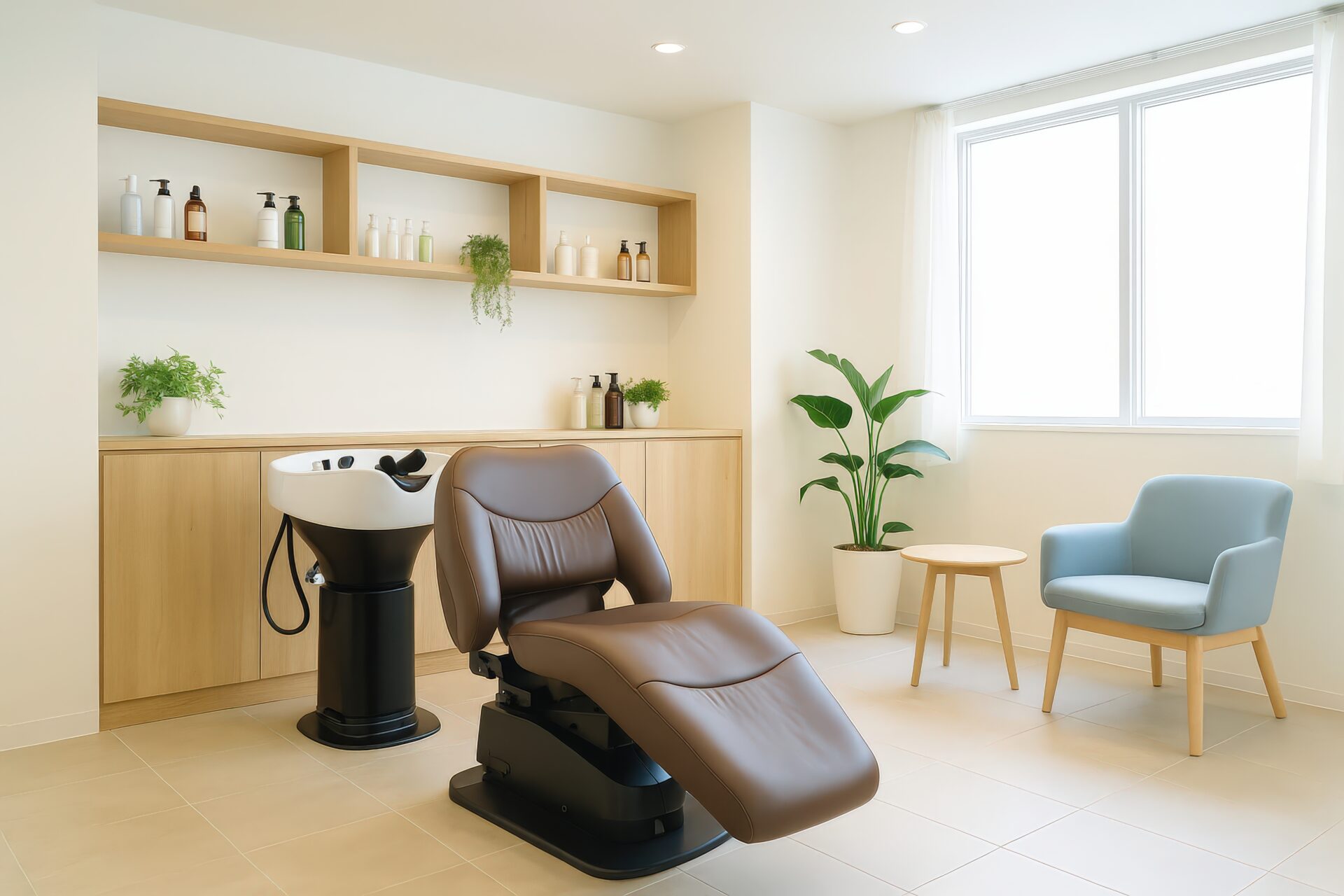 観葉植物が置かれた清潔感のあるヘッドスパサロン