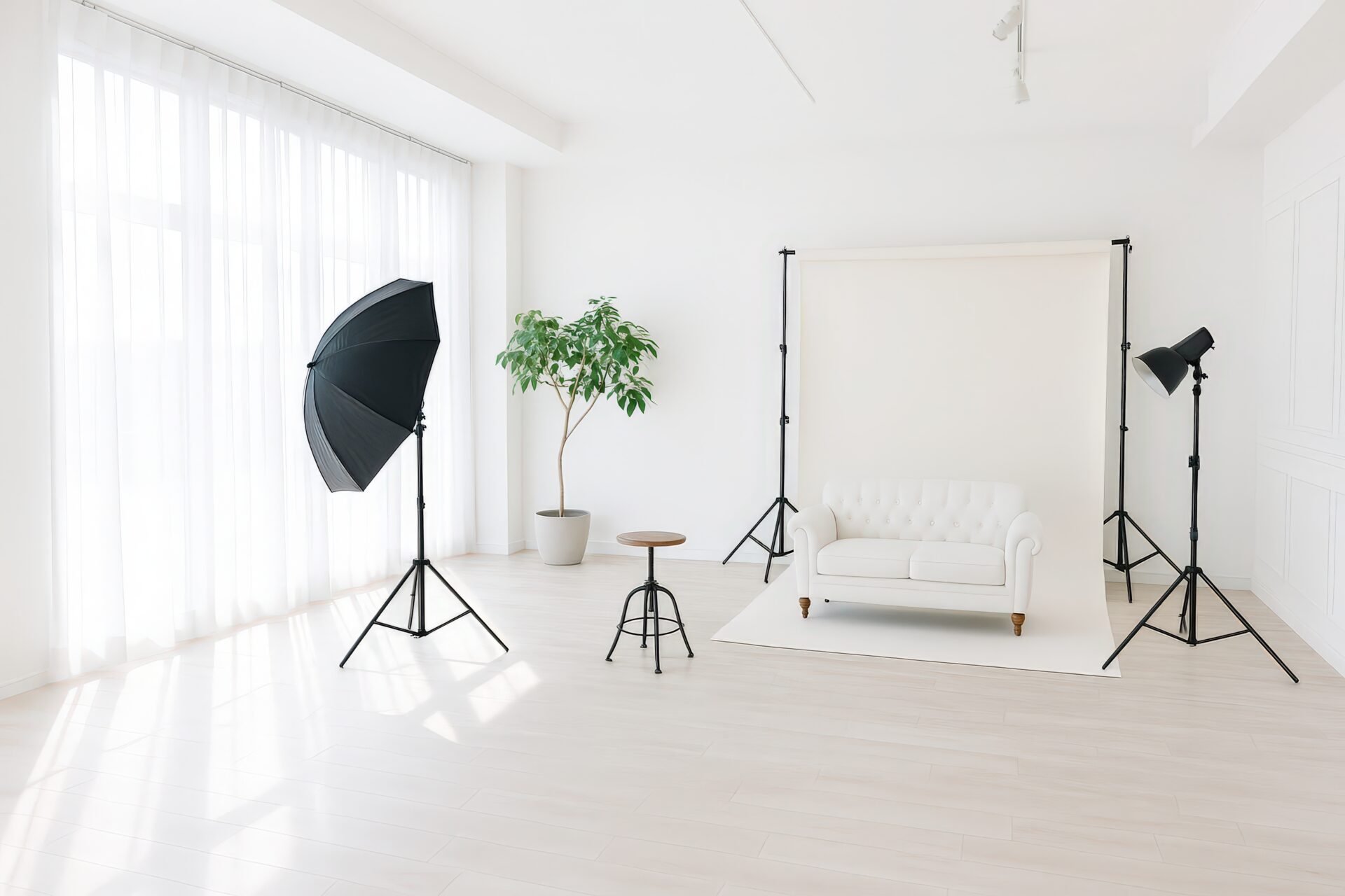 白い背景紙と照明機材が設置された明るいスタジオ