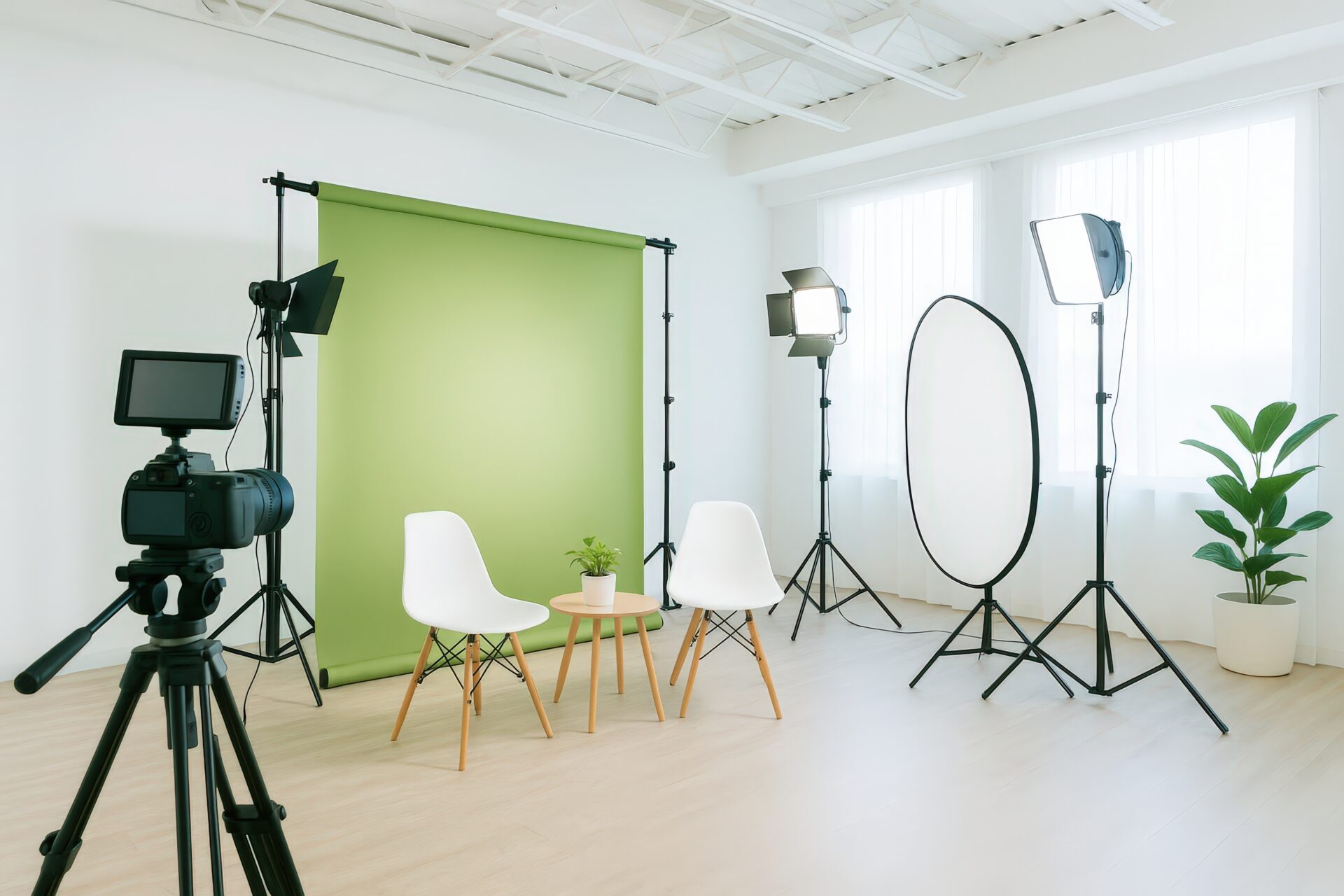 グリーン背景と照明機材が整った撮影セット