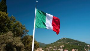 木々の間に掲げられたイタリアの国旗