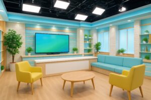 カラフルなインテリアと大型テレビがある収録スタジオ