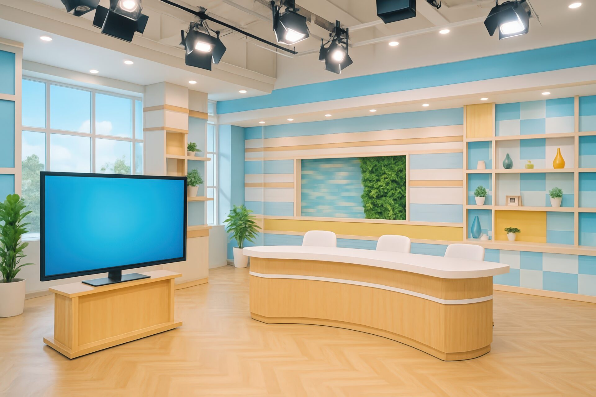 照明とモニターが設置されたテレビ番組用スタジオ