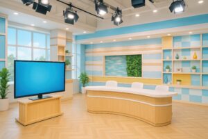 照明とモニターが設置されたテレビ番組用スタジオ