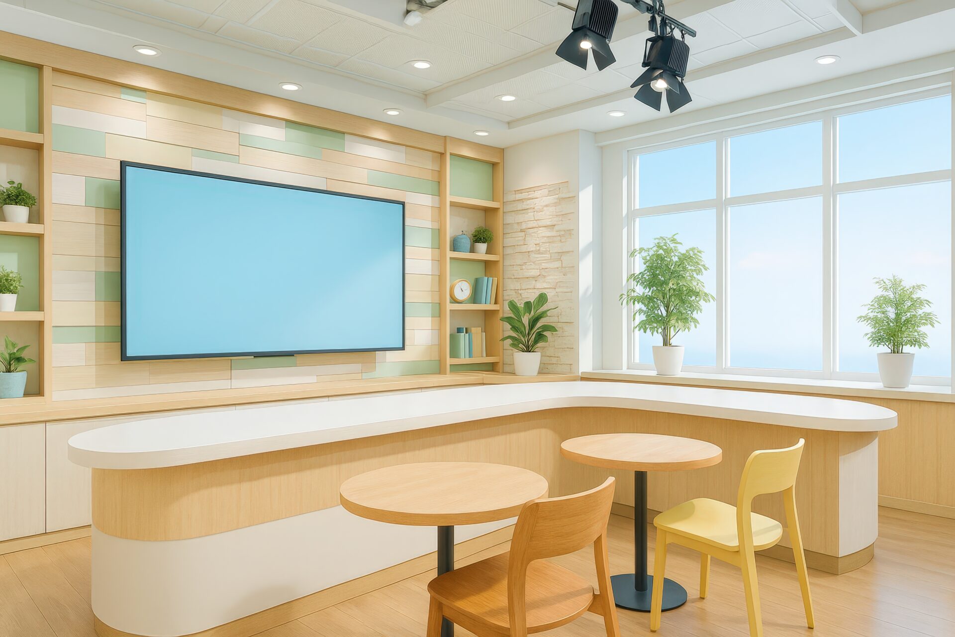 観葉植物と自然光が心地よいテレビスタジオセット