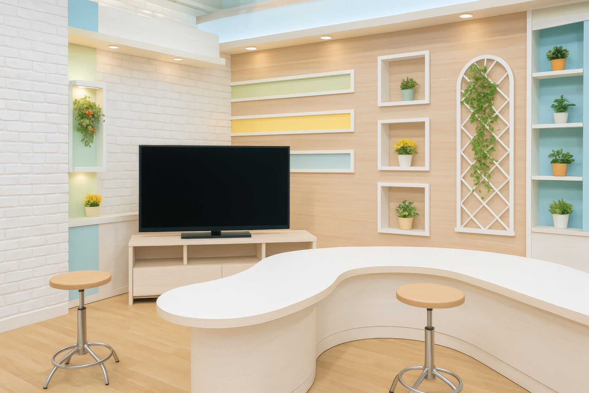 柔らかな配色と植物が印象的な収録スタジオの内装