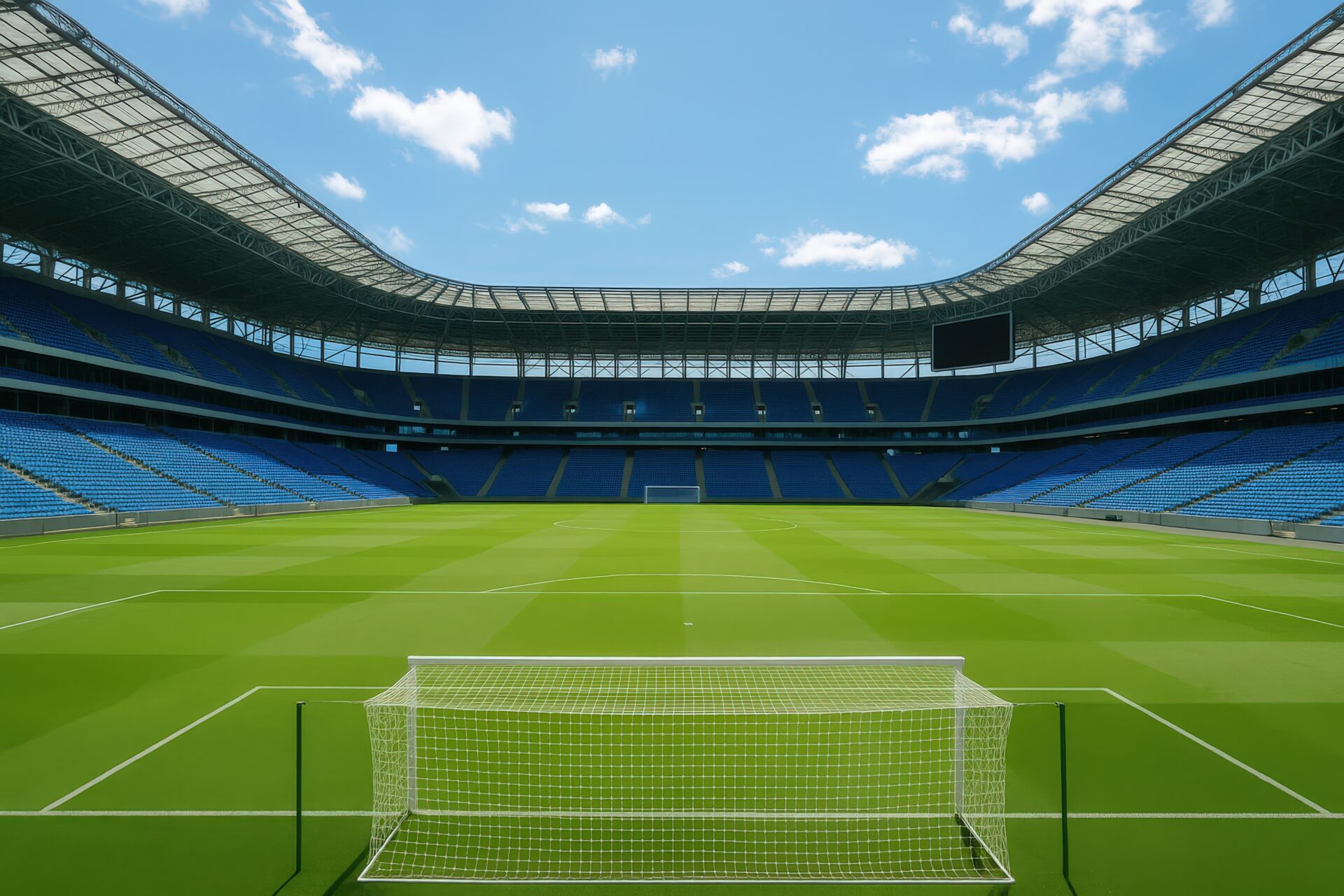 屋根付き大型サッカースタジアムのゴール正面からの眺め
