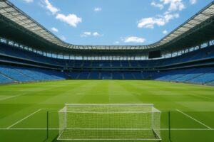 屋根付き大型サッカースタジアムのゴール正面からの眺め