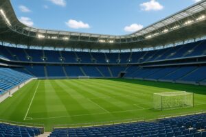 青い座席が並ぶ近代的なサッカースタジアムの内観