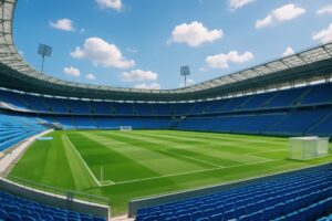 青空の下に広がるプロ仕様のサッカースタジアム