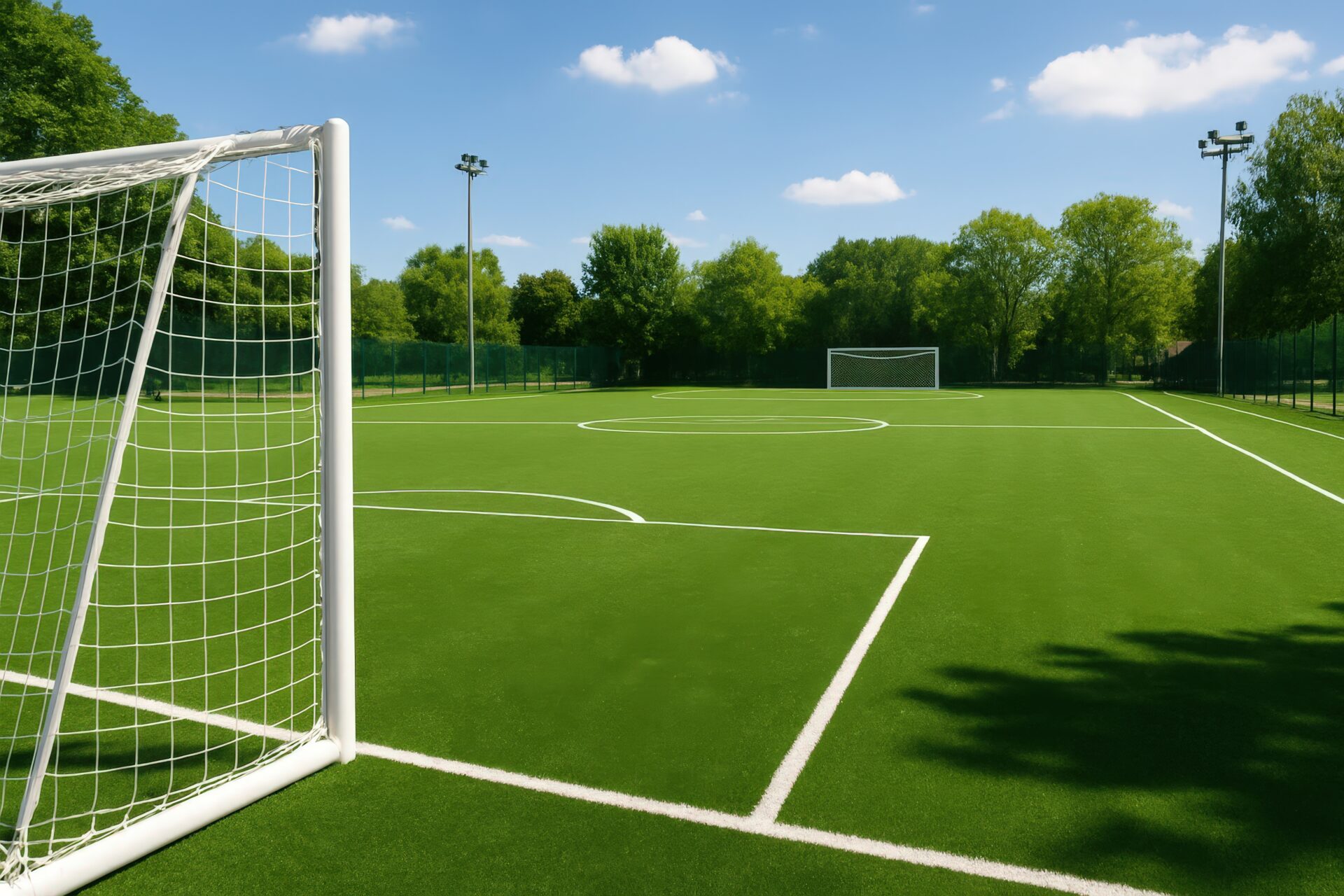 緑豊かな環境に囲まれた屋外サッカーグラウンド