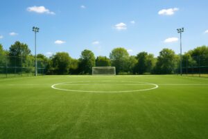 自然光が差し込む人工芝の屋外サッカーコート