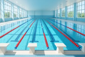 明るい自然光が差し込む競泳用屋内プール