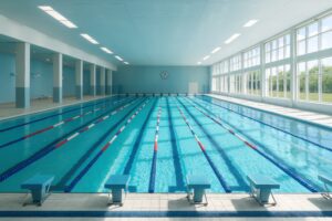 時計付きの壁が特徴的な屋内スイミングプール