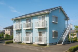 青空の下に建つ水色のアパート外観