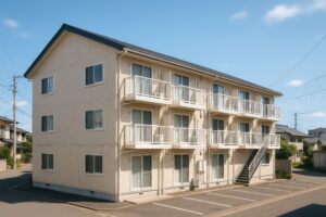 ベージュの外壁と白い手すりが特徴の集合住宅