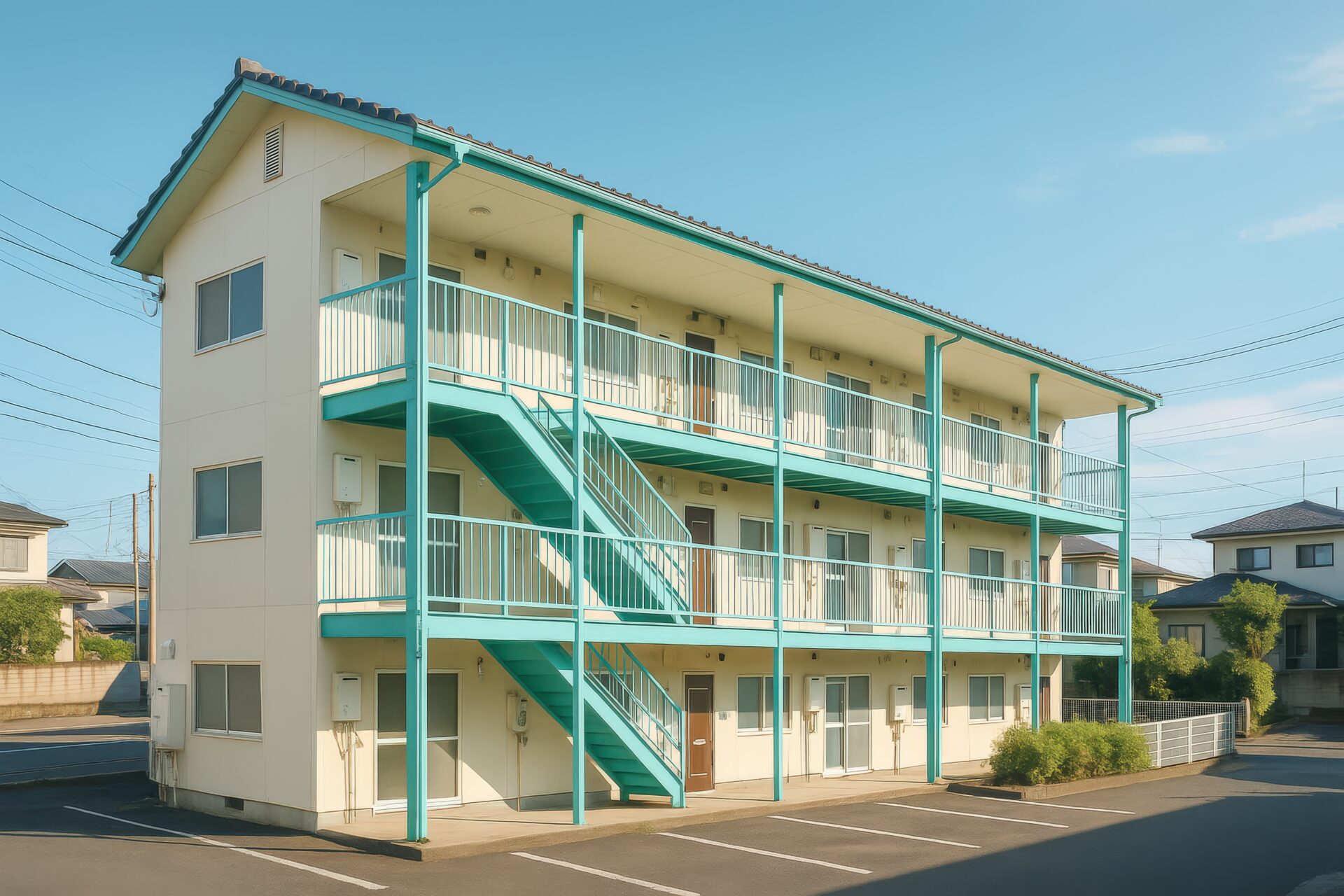 青緑の外階段が目を引く3階建てアパート