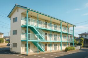 青緑の外階段が目を引く3階建てアパート