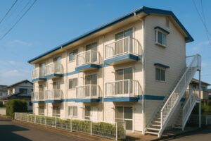 白と青のツートンカラーの住宅型アパート