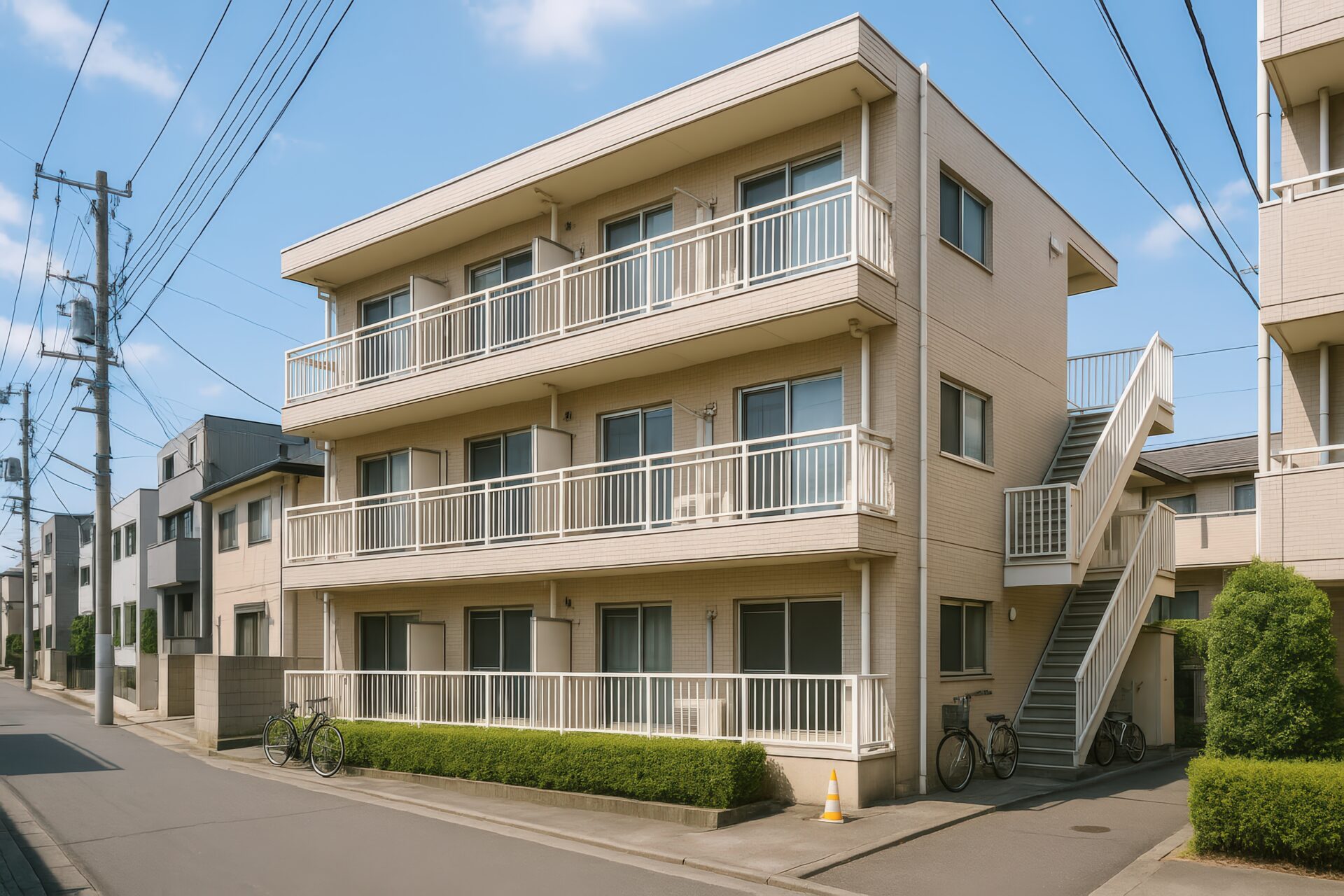 街中に建つベージュの低層集合住宅