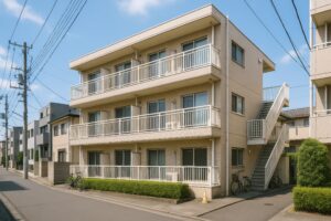 街中に建つベージュの低層集合住宅