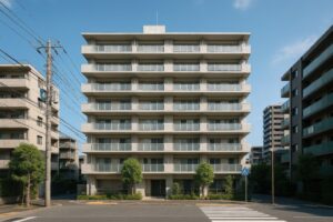 正面から見たシンメトリーな外観の中層マンション