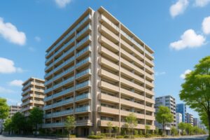 並木道沿いに建つ高層マンション群と青空