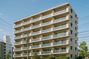 電線越しに見える白い外壁の中層集合住宅