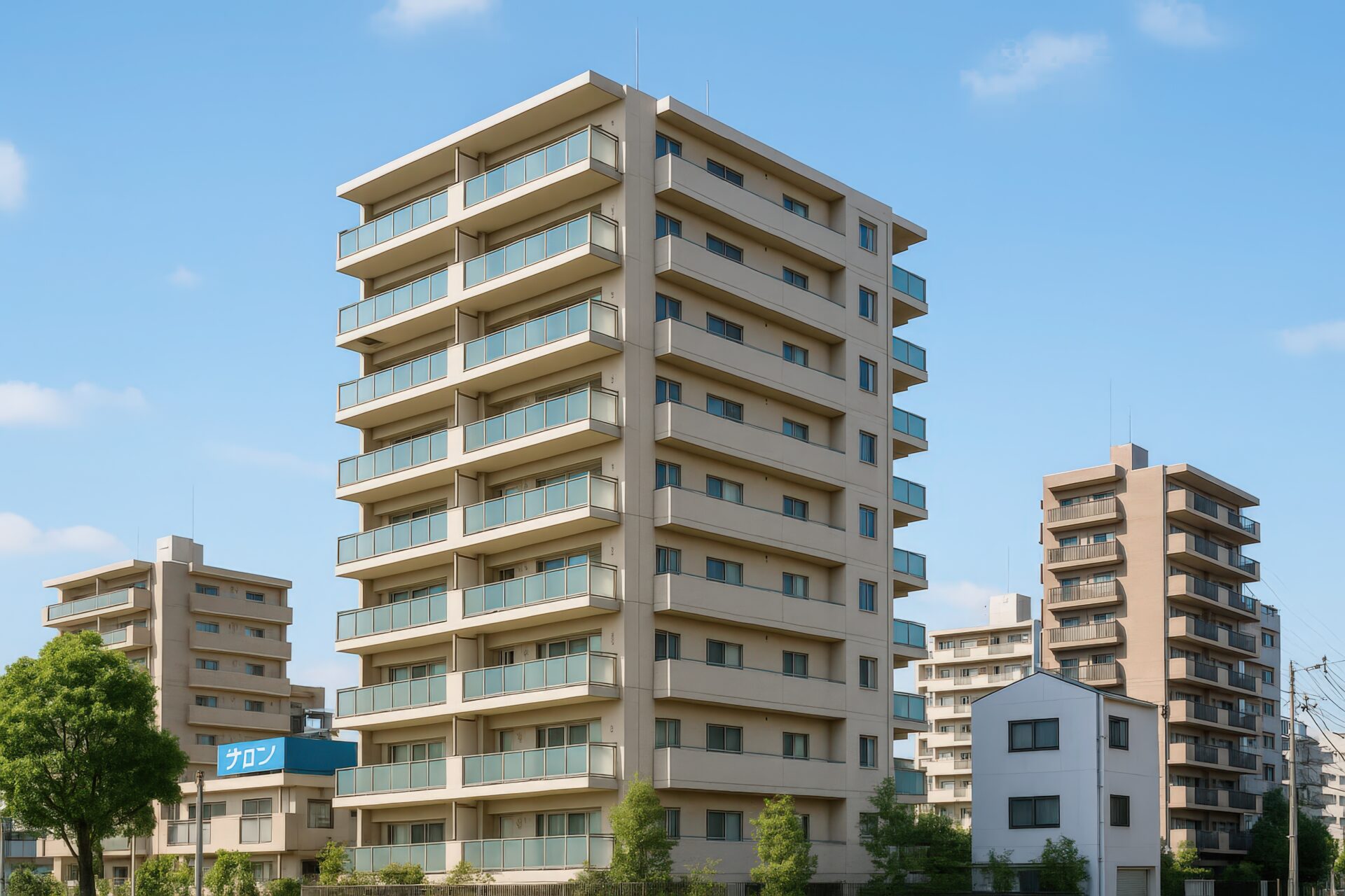 郊外に建つ高層マンションと青空に映える街並み
