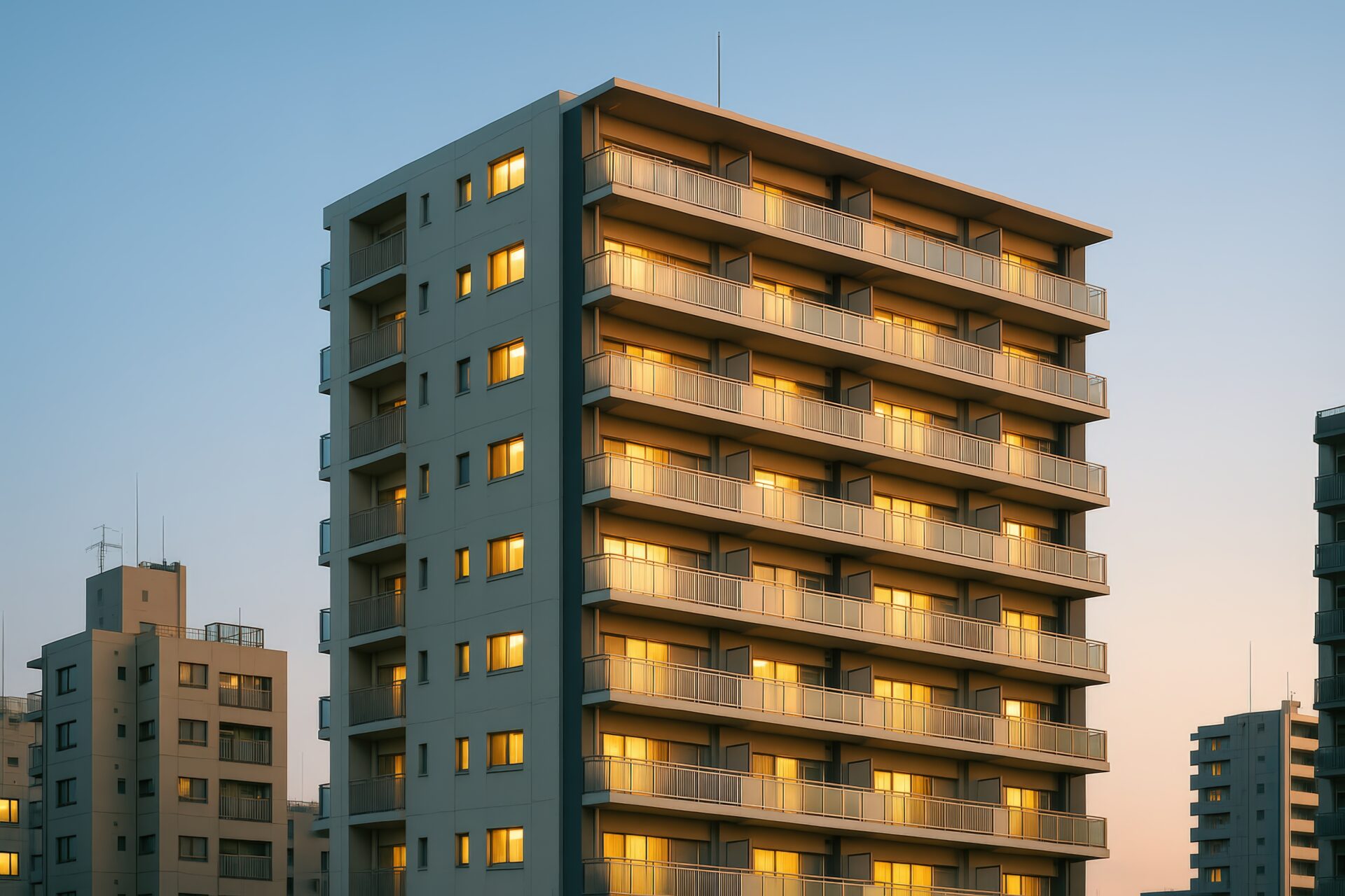 夕焼けに照らされた窓明かりの集合住宅