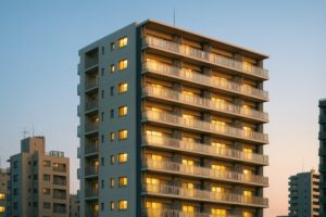 夕焼けに照らされた窓明かりの集合住宅