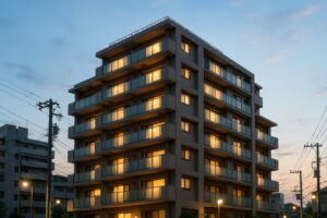 日没後の住宅街に佇む明かりの灯ったアパート