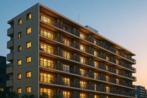 夕暮れ時に温かな光が灯る集合住宅の外観