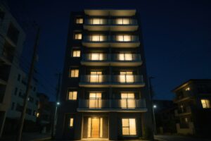 夜の住宅街に建つライトアップされた集合住宅