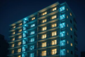 青い外灯に照らされる夜のマンションと暖かな室内光