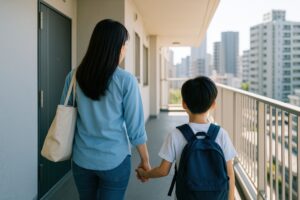 団地の外廊下を手をつないで歩く母親と子供の後ろ姿