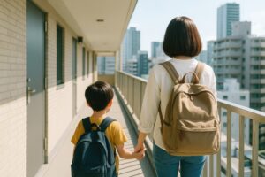 マンションの通路を一緒に歩く親子の後ろ姿