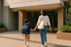 玄関前で手をつなぐ母親とランドセル姿の小学生男児