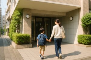 集合住宅の入口に向かって歩く母親と小学生の男の子