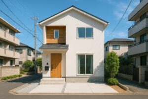 ナチュラルカラーの外観が特徴的な新築一戸建て住宅