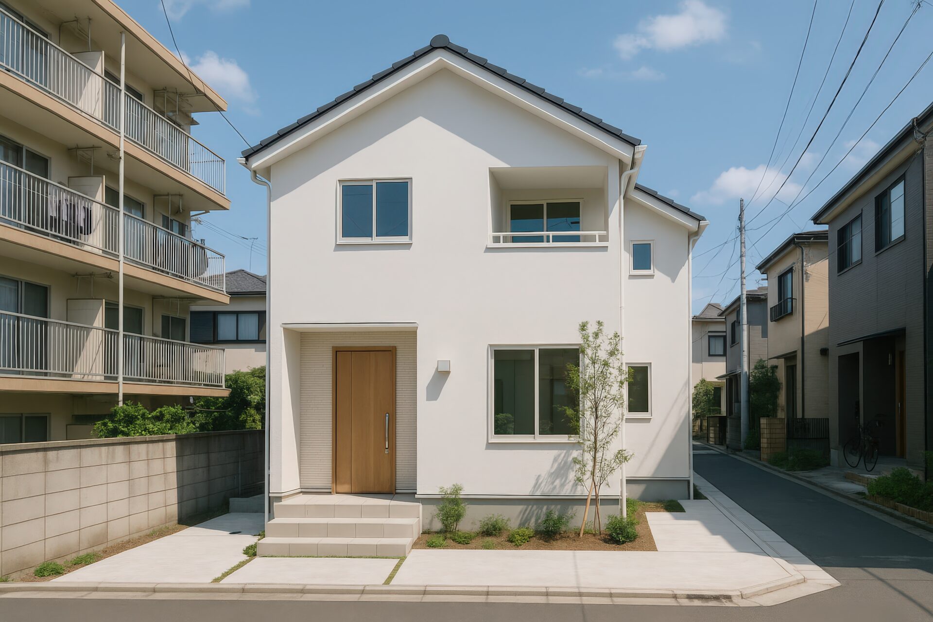角地に建つ白い壁のモダンな戸建住宅
