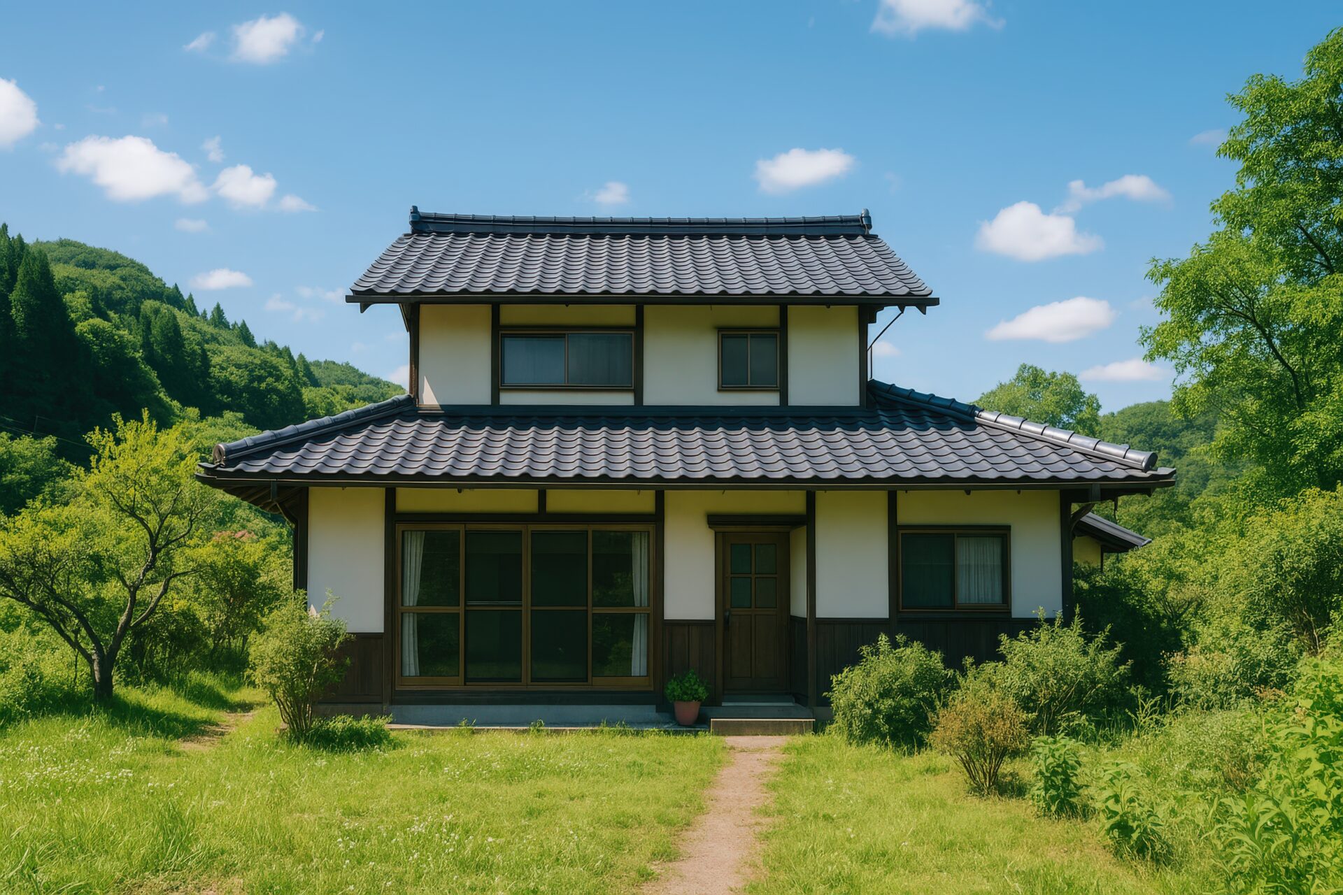 緑に囲まれた田舎の伝統的な日本家屋