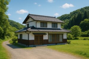 青空と森に囲まれた古民家風の日本家屋