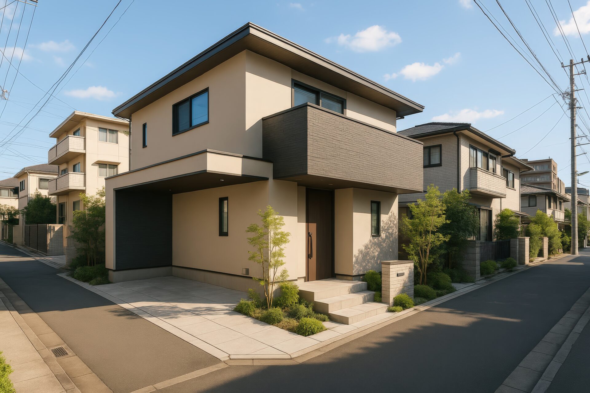 角地に建つモダンな住宅と閑静な住宅街