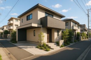 角地に建つモダンな住宅と閑静な住宅街