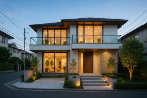 夕暮れ時にライトアップされた高級住宅